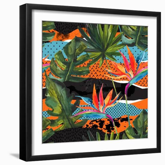 Abstract Tropical Summer Pattern - Watercolor Exotic Flower, Monstera, and Palm Leaves-tanycya-Framed Art Print