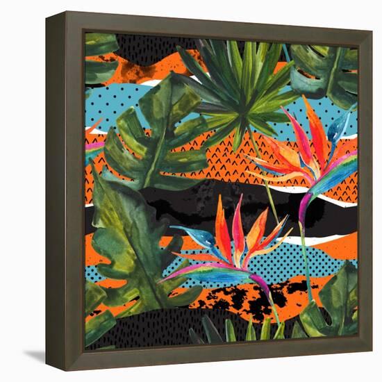 Abstract Tropical Summer Pattern - Watercolor Exotic Flower, Monstera, and Palm Leaves-tanycya-Framed Stretched Canvas