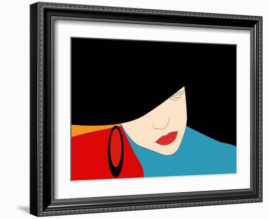 Abstract Vector Pattern of a Beautiful Girl in a Black Hat, Blue Dress, Red Lipstick. Beauty and Fa-Viktoriya Panasenko-Framed Art Print