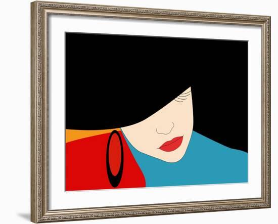 Abstract Vector Pattern of a Beautiful Girl in a Black Hat, Blue Dress, Red Lipstick. Beauty and Fa-Viktoriya Panasenko-Framed Art Print