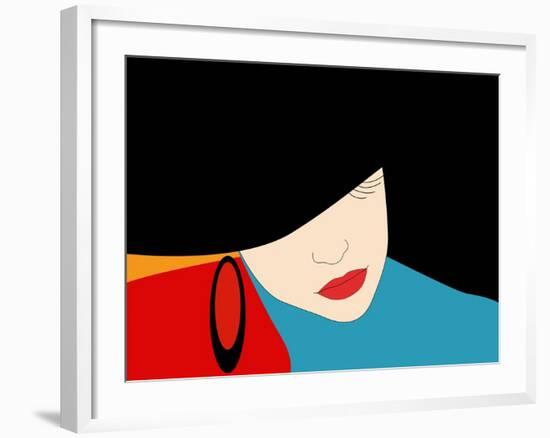 Abstract Vector Pattern of a Beautiful Girl in a Black Hat, Blue Dress, Red Lipstick. Beauty and Fa-Viktoriya Panasenko-Framed Art Print