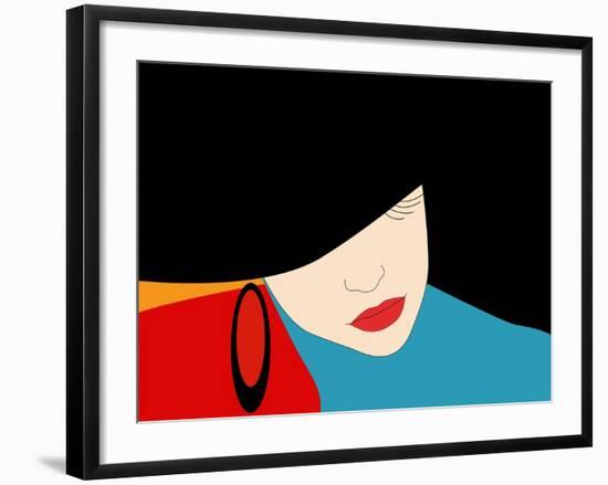 Abstract Vector Pattern of a Beautiful Girl in a Black Hat, Blue Dress, Red Lipstick. Beauty and Fa-Viktoriya Panasenko-Framed Art Print