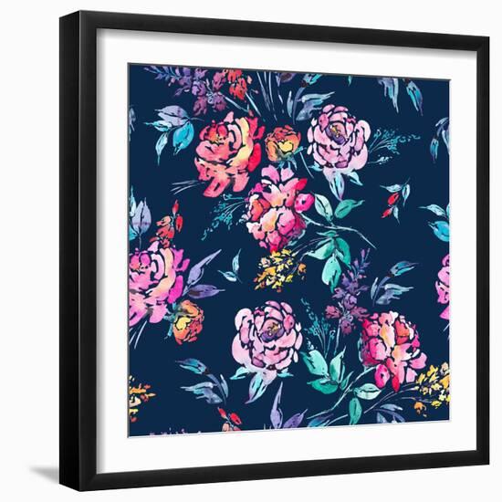 Abstract Watercolor Floral Seamless Pattern in a La Prima Style, Red Watercolor Roses - Flowers, Tw-Varvara Kurakina-Framed Art Print