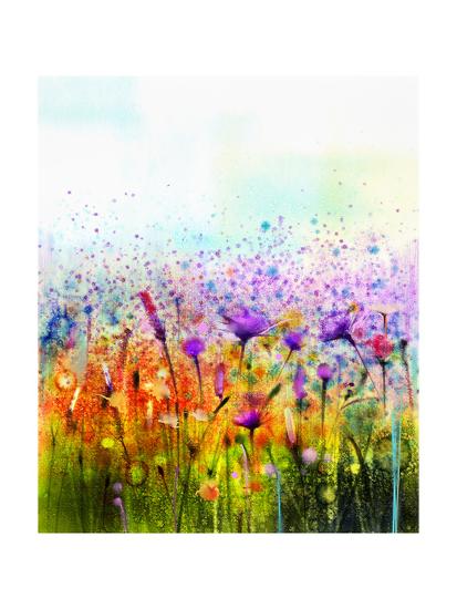 Abstract Watercolor Painting Purple Cosmos Flower Cornflower
