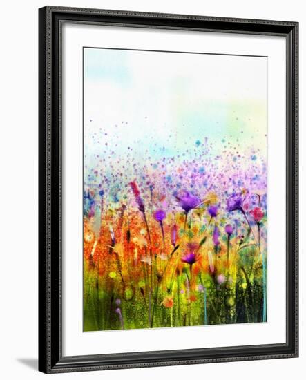 Abstract Watercolor Painting Purple Cosmos Flower,Cornflower, Violet Lavender, White and Orange Wil-pluie_r-Framed Art Print