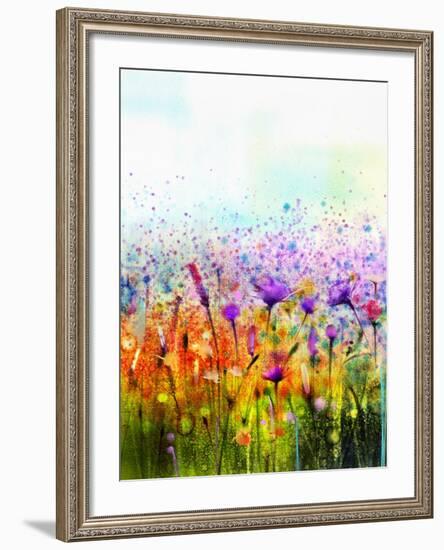 Abstract Watercolor Painting Purple Cosmos Flower,Cornflower, Violet Lavender, White and Orange Wil-pluie_r-Framed Art Print