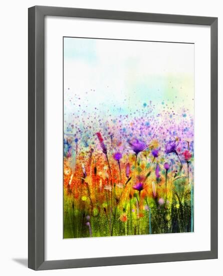 Abstract Watercolor Painting Purple Cosmos Flower,Cornflower, Violet Lavender, White and Orange Wil-pluie_r-Framed Art Print