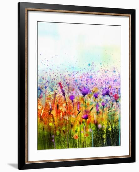 Abstract Watercolor Painting Purple Cosmos Flower,Cornflower, Violet Lavender, White and Orange Wil-pluie_r-Framed Art Print