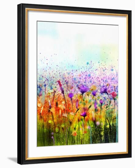 Abstract Watercolor Painting Purple Cosmos Flower,Cornflower, Violet Lavender, White and Orange Wil-pluie_r-Framed Art Print