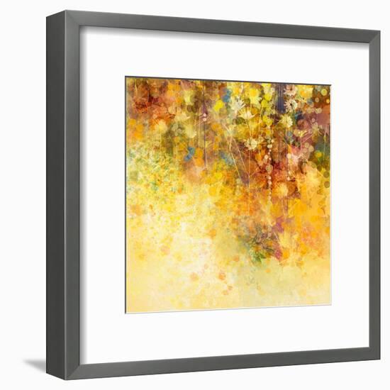 Abstract Watercolor Painting White Flowers and Soft Color Leaves-Nongkran_ch-Framed Art Print