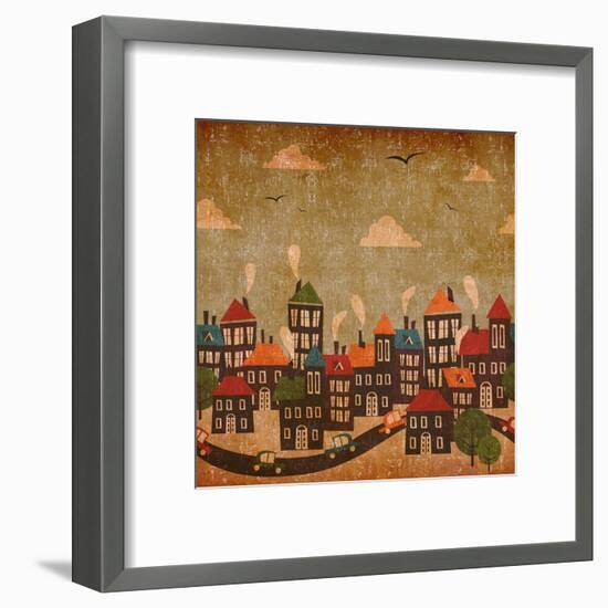 Abstract Winter City Vintage Colorful-Cienpies Design-Framed Art Print