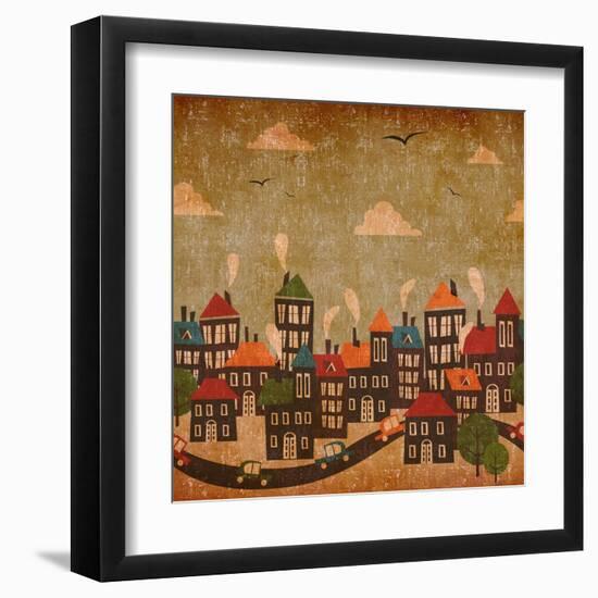 Abstract Winter City Vintage Colorful-Cienpies Design-Framed Art Print