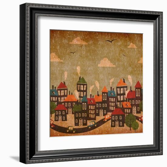 Abstract Winter City Vintage Colorful-Cienpies Design-Framed Art Print