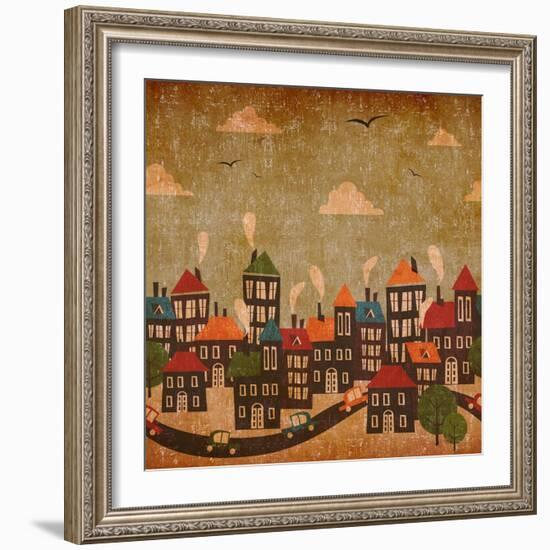 Abstract Winter City Vintage Colorful-Cienpies Design-Framed Art Print