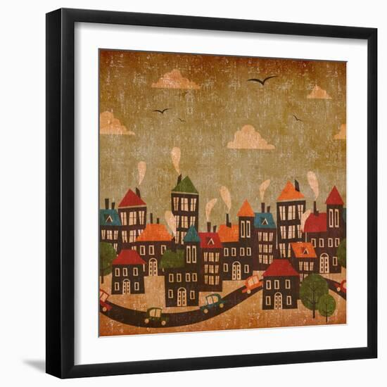 Abstract Winter City Vintage Colorful-Cienpies Design-Framed Art Print