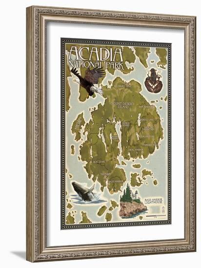 Acadia National Park, Maine - Map-Lantern Press-Framed Art Print