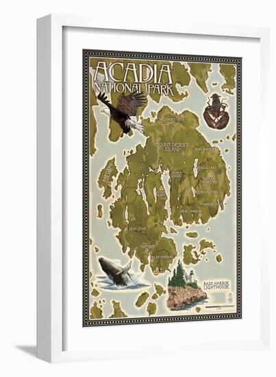 Acadia National Park, Maine - Map-Lantern Press-Framed Art Print