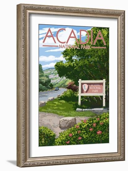 Acadia National Park, Maine - Park Entrance Sign and Moose-Lantern Press-Framed Art Print