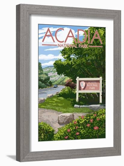 Acadia National Park, Maine - Park Entrance Sign and Moose-Lantern Press-Framed Art Print