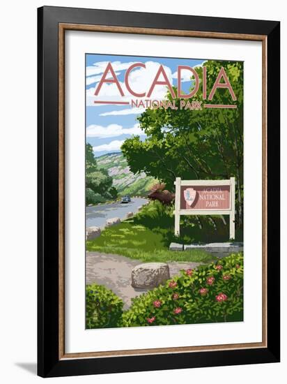 Acadia National Park, Maine - Park Entrance Sign and Moose-Lantern Press-Framed Art Print