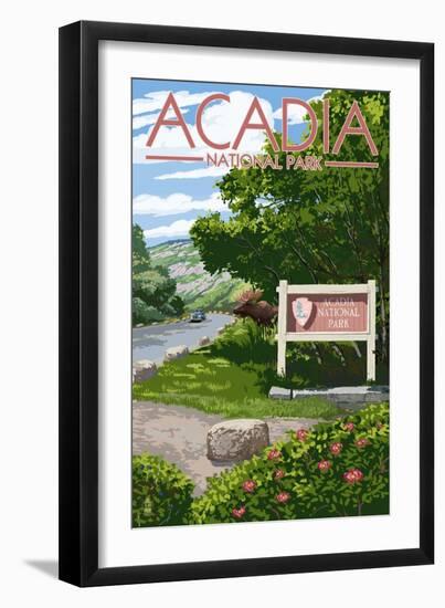 Acadia National Park, Maine - Park Entrance Sign and Moose-Lantern Press-Framed Art Print