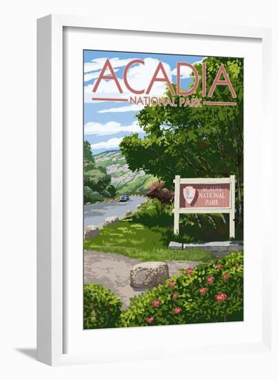 Acadia National Park, Maine - Park Entrance Sign and Moose-Lantern Press-Framed Art Print