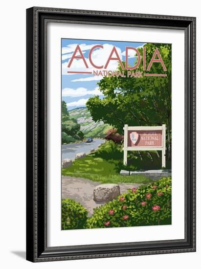 Acadia National Park, Maine - Park Entrance Sign and Moose-Lantern Press-Framed Art Print