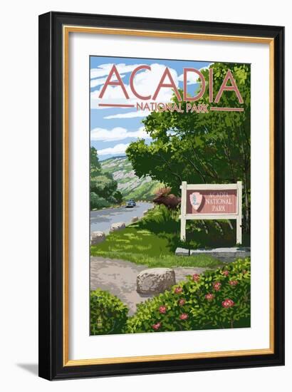 Acadia National Park, Maine - Park Entrance Sign and Moose-Lantern Press-Framed Art Print