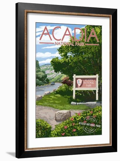 Acadia National Park - Park Entrance Sign and Moose - Centennial Rubber Stamp-Lantern Press-Framed Art Print