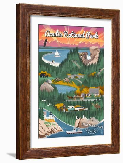 Acadia National Park - Retro View - Centennial Rubber Stamp-Lantern Press-Framed Art Print
