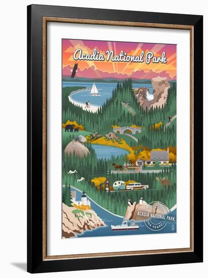 Acadia National Park - Retro View - Centennial Rubber Stamp-Lantern Press-Framed Art Print