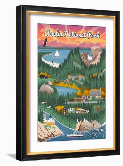 Acadia National Park - Retro View - Centennial Rubber Stamp-Lantern Press-Framed Art Print