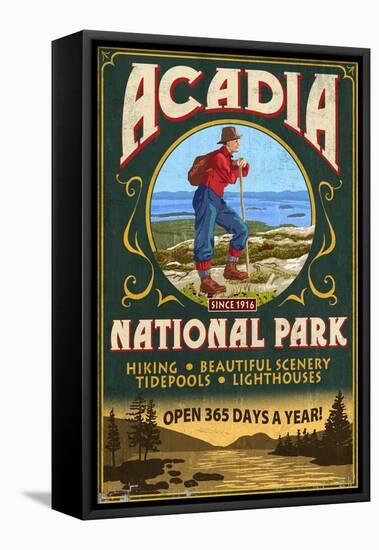 Acadia National Park - Vintage Hiker Sign-Lantern Press-Framed Stretched Canvas