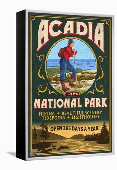 Acadia National Park - Vintage Hiker Sign-Lantern Press-Framed Stretched Canvas