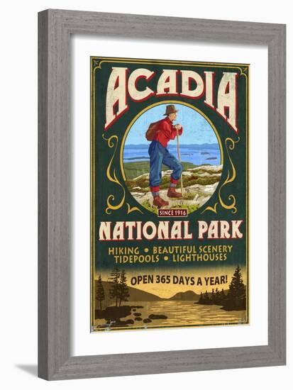 Acadia National Park - Vintage Hiker Sign-Lantern Press-Framed Art Print