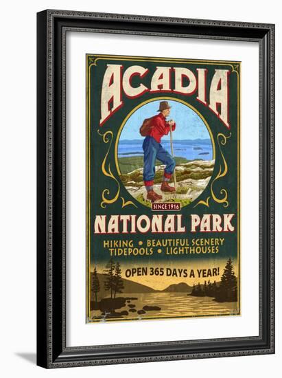 Acadia National Park - Vintage Hiker Sign-Lantern Press-Framed Art Print