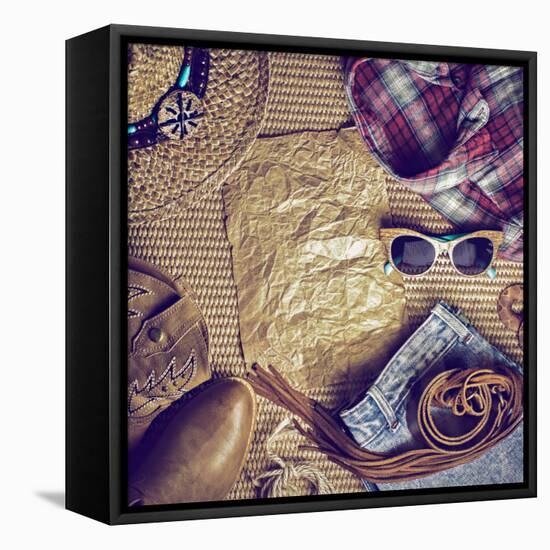 Accessories Cowboy Retro Style on Wooden Background with Blank Vintage Poster-Evgeniya Porechenskaya-Framed Premier Image Canvas