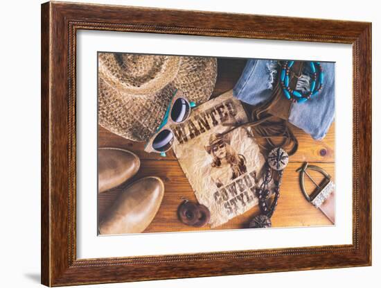 Accessories Cowboy Retro Style on Wooden Surface with Wanted Pos-Evgeniya Porechenskaya-Framed Photographic Print