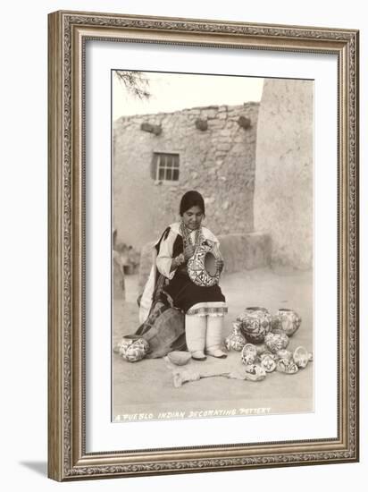 Acoma Pueblo Indian Woman Decorating Pottery-null-Framed Art Print