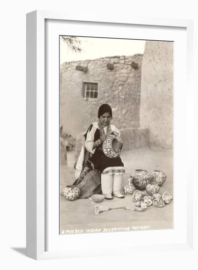 Acoma Pueblo Indian Woman Decorating Pottery-null-Framed Art Print