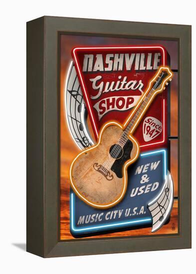 Acoustic Guitar Music Shop - Nashville, Tennessee-Lantern Press-Framed Stretched Canvas