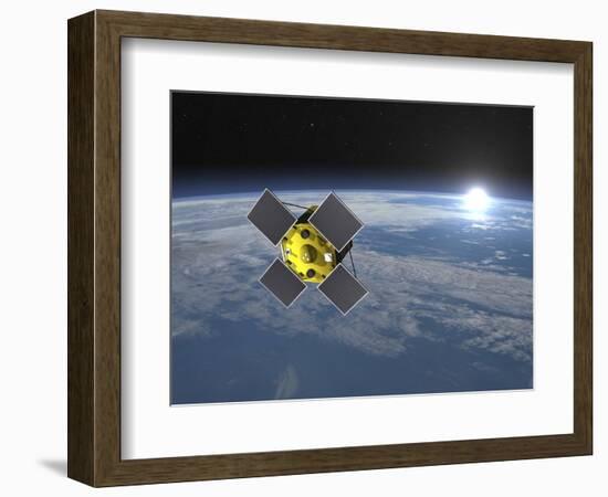 Acrimsat Satellite Orbiting Earth and Rising Sun-null-Framed Art Print