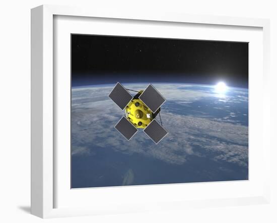 Acrimsat Satellite Orbiting Earth and Rising Sun-null-Framed Art Print