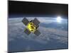 Acrimsat Satellite Orbiting Earth and Rising Sun-null-Mounted Art Print