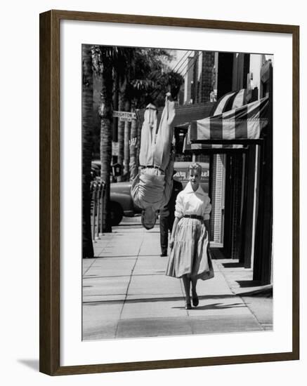 Acrobat and Actor, Russ Tamblyn Doing a Flip on the Sidewalk with Starlet Venetia Stevenson-Allan Grant-Framed Premium Photographic Print