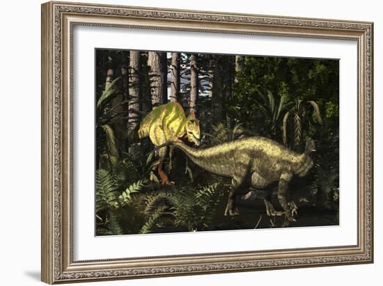 Acrocanthosaurus Hunting Tenontosaurus in a Forest-Stocktrek Images-Framed Art Print