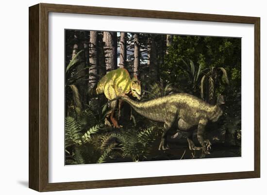 Acrocanthosaurus Hunting Tenontosaurus in a Forest-Stocktrek Images-Framed Art Print