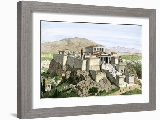 Acropolis of Ancient Athens, Crowned by the Parthenon and a Statue of Athena-null-Framed Giclee Print