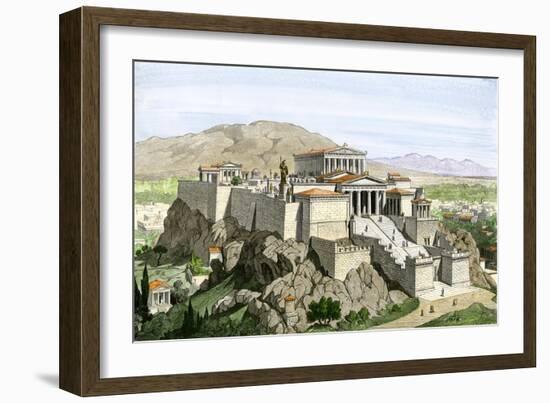 Acropolis of Ancient Athens, Crowned by the Parthenon and a Statue of Athena-null-Framed Giclee Print