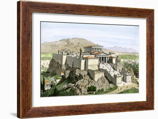 Acropolis of Ancient Athens, Crowned by the Parthenon and a Statue of Athena-null-Framed Giclee Print